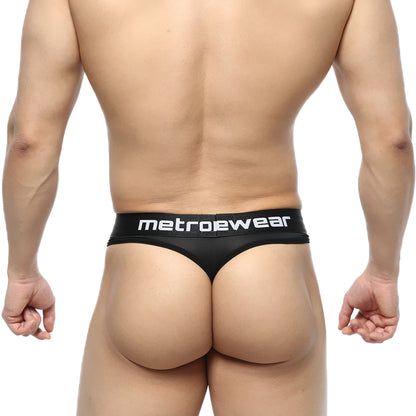Black metrowear prado thong with sleek minimalist design and white branding on waistband front display