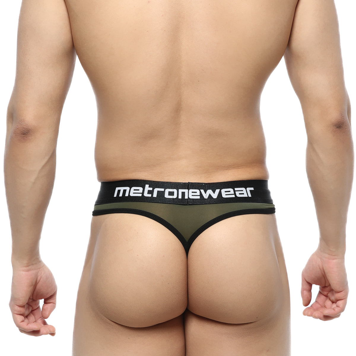 Olive green mesh thong with black trim and waistband featuring metronewear logo by metro male wear prado 5122-26