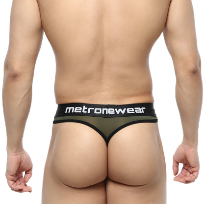 Olive green mesh thong with black trim and waistband featuring metronewear logo by metro male wear prado 5122-26