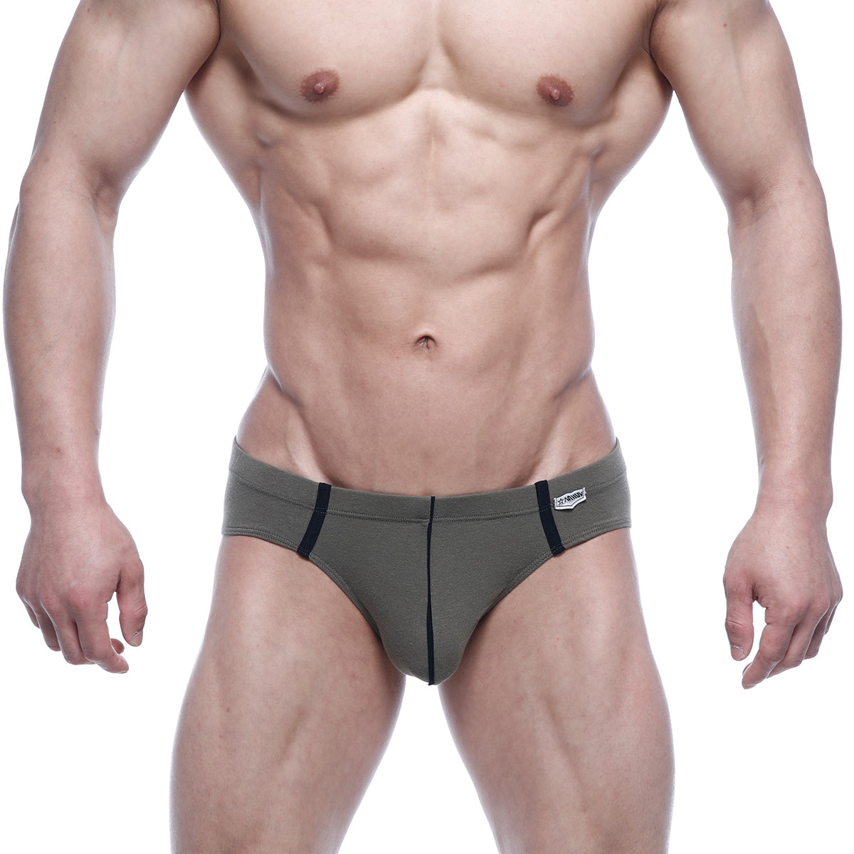 Olive green MetroMaleWear Oslo hip brief with black trim and white brand tag on waistband designed for athletic use