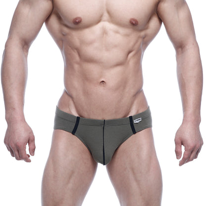Olive green MetroMaleWear Oslo hip brief with black trim and white brand tag on waistband designed for athletic use