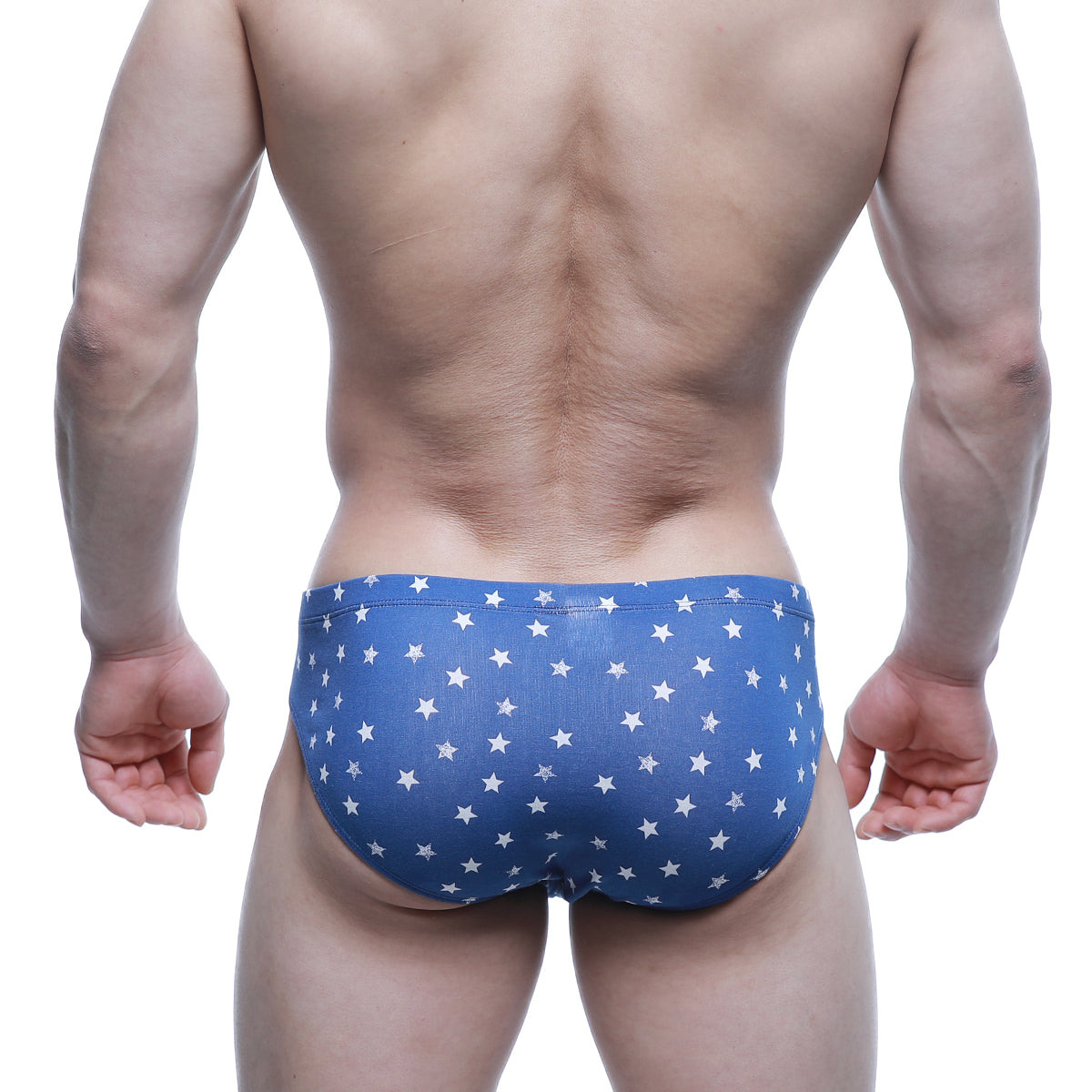 Blue swim trunks metro male wear stella hip brief 5123-90 with white star pattern for comfortable beachwear