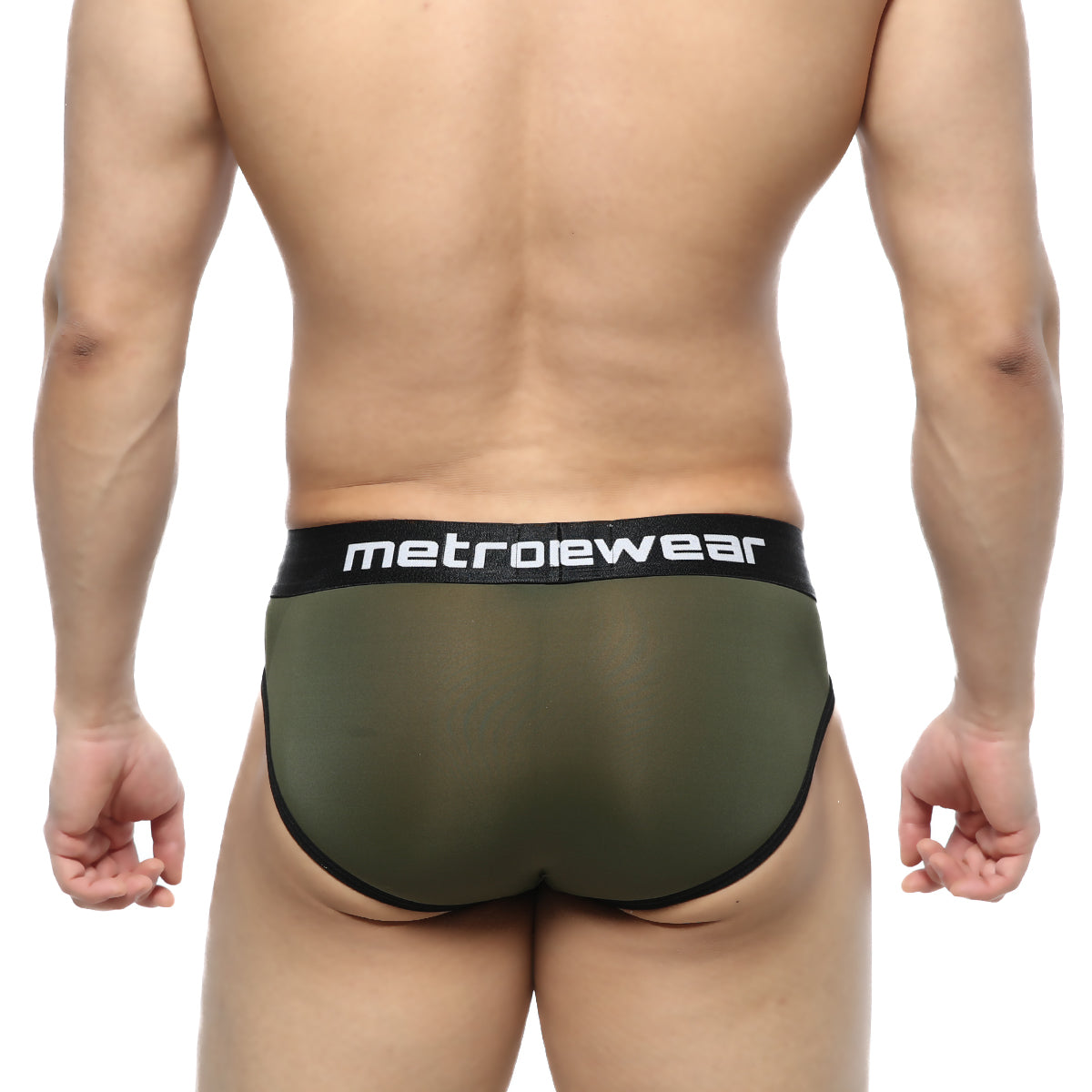 Olive green mesh MetroMaleWear Prado briefs with black elastic waistband and metrowear branding