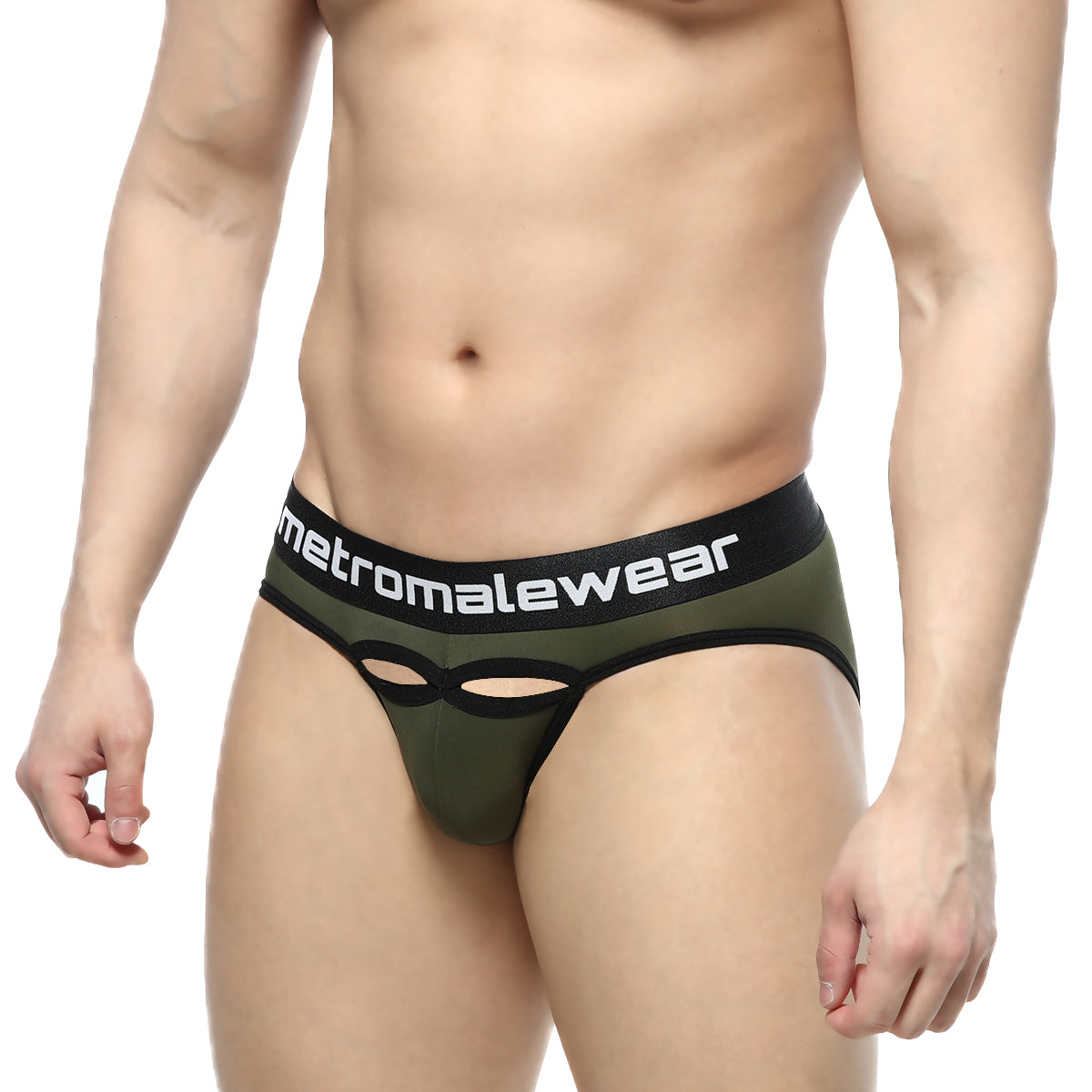 Olive green mesh MetroMaleWear Prado brief with black elastic waistband and distinctive cutout design