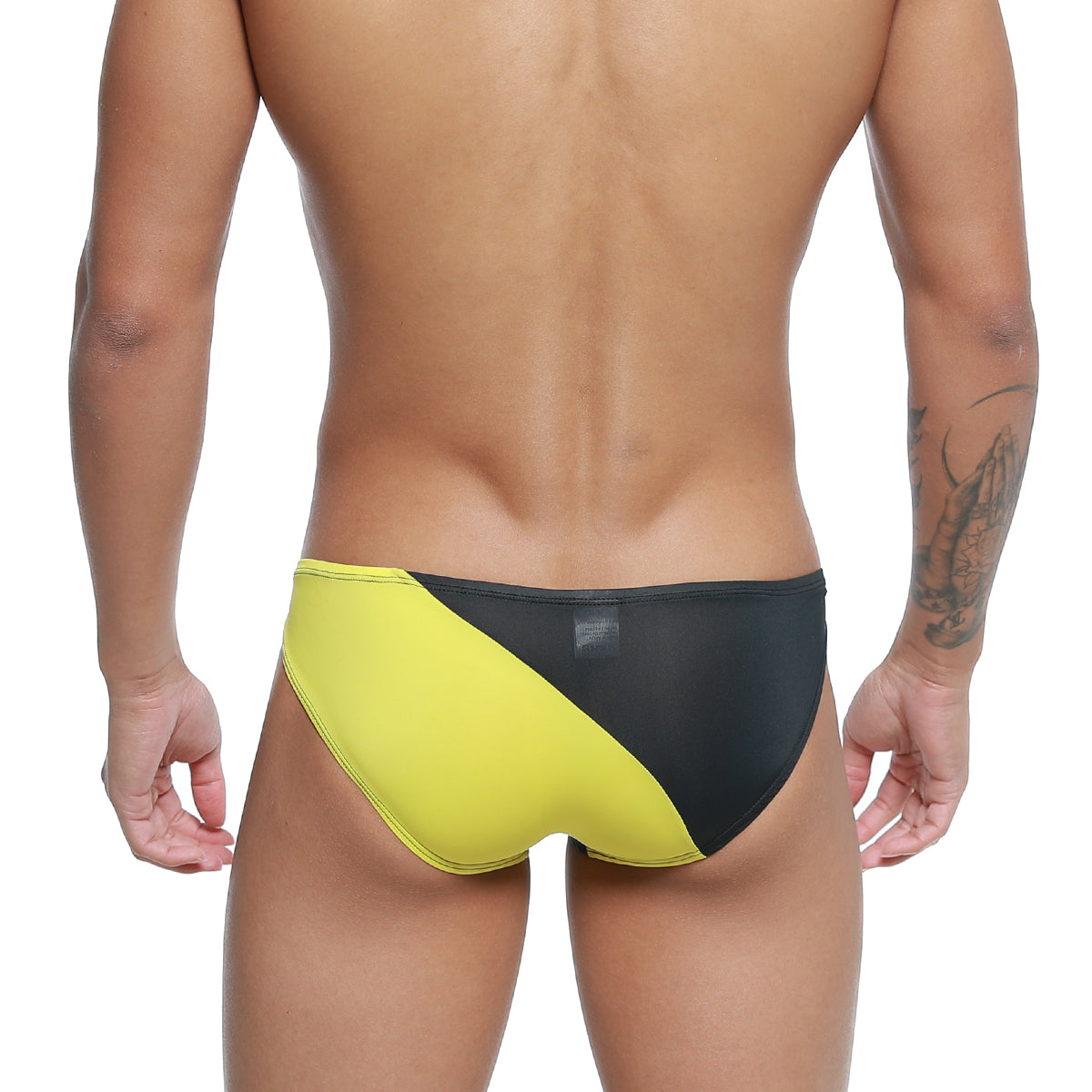 Metro male wear txm bikini black 5143-20 swim trunks with black and yellow diagonal cut design for casual swimming