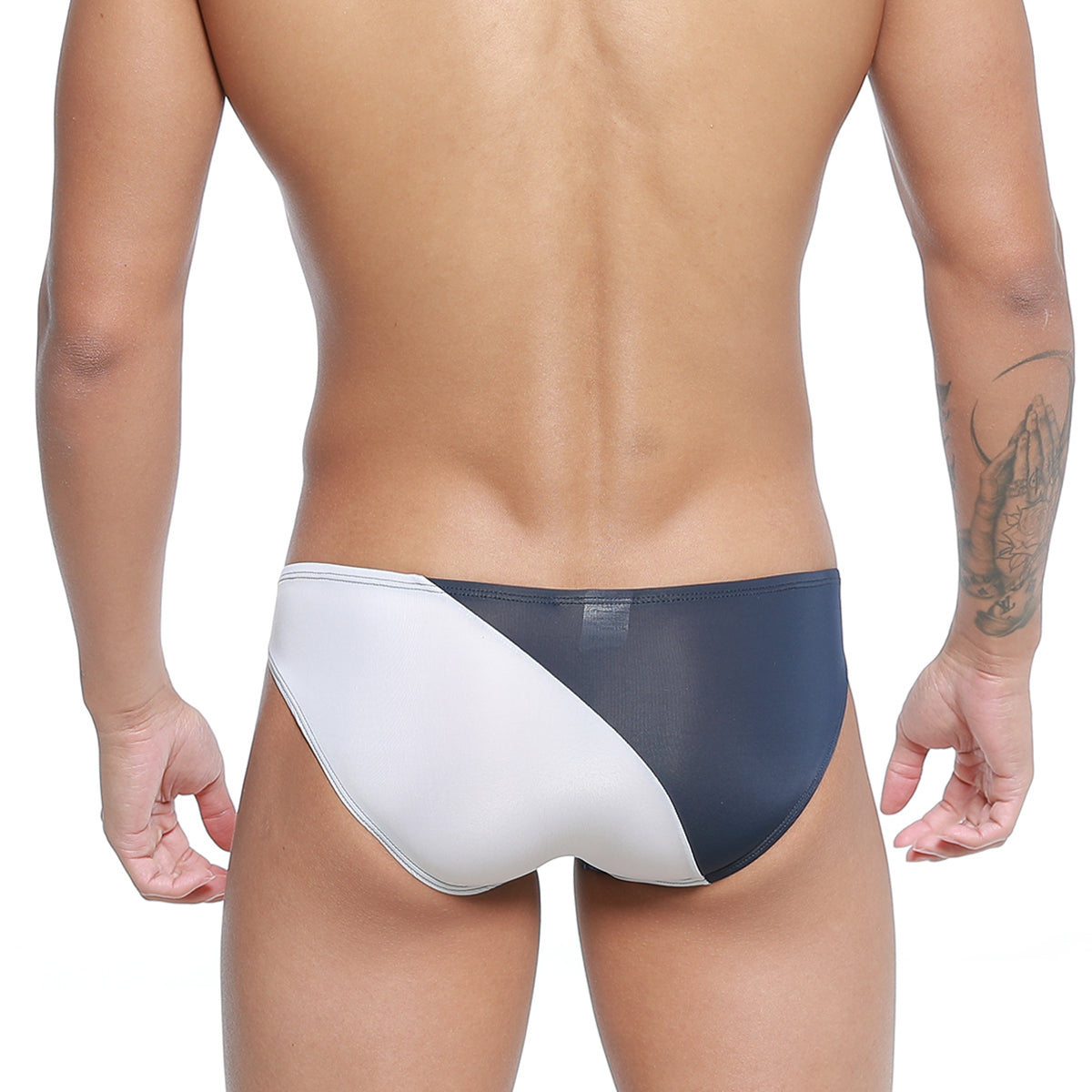 MetroMaleWear TXM bikini dark blue swim trunks with white navy two-tone mesh panel design for comfortable wear