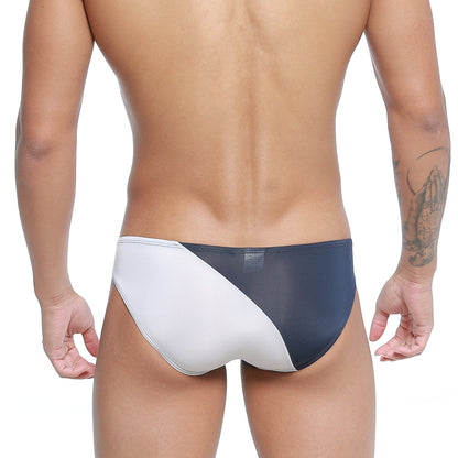 MetroMaleWear TXM bikini dark blue swim trunks with white navy two-tone mesh panel design for comfortable wear
