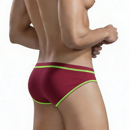 Maroon swim trunks with neon green trim from metromalewear nova bikini burgundy 5153-19 for beachwear