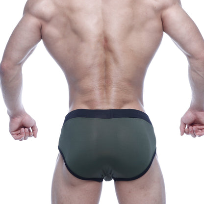 MetroMaleWear sencillo brief green 5203-26 olive green mesh briefs with black elastic waistband and trim front view