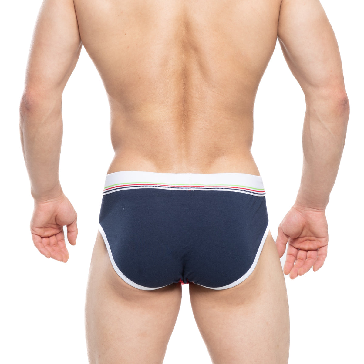 Navy blue MetroMaleWear Rudolf Brief 5203-29 with white trim and rainbow stripe waistband briefs for casual wear