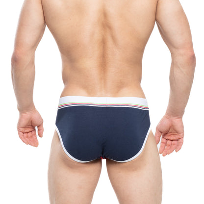Navy blue MetroMaleWear Rudolf Brief 5203-29 with white trim and rainbow stripe waistband briefs for casual wear