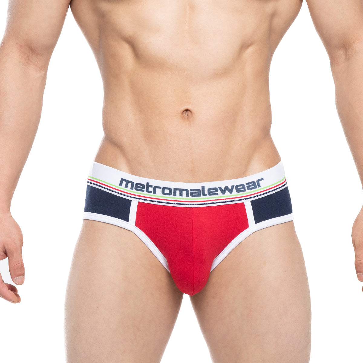 Red and navy blue metro malewear rudolf brief 5203-29 with white waistband and logo for comfortable wear