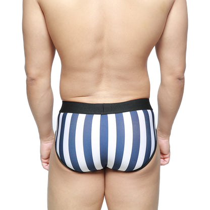 MetroMaleWear Sencillo brief with blue and white stripes and black elastic waistband for comfortable daily wear