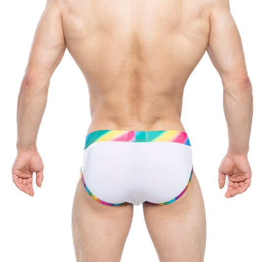 White textured swim trunks metroMalewear pride brief 5203-57 with vibrant rainbow-striped waistband and trim