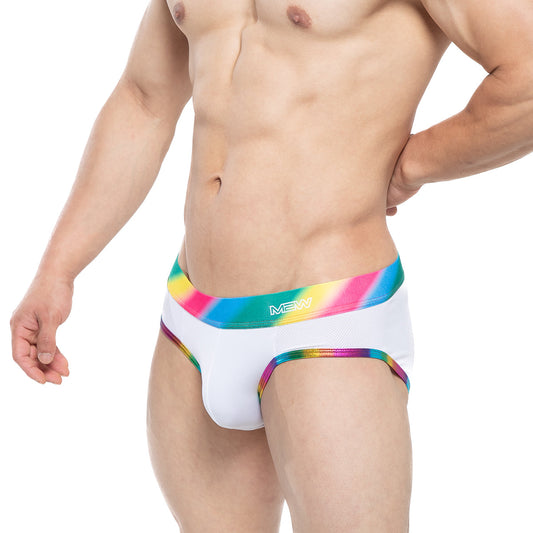 White men’s briefs metro male wear pride brief 5203-57 with rainbow-striped elastic waistband and white mew logo
