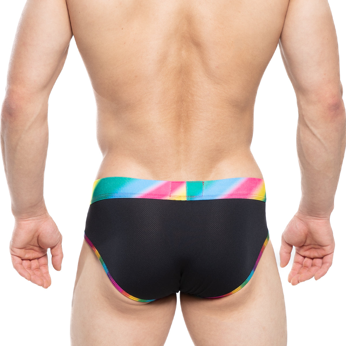 MetroMaleWear pride brief black swim trunks with vibrant rainbow-striped waistband and trim for stylish swimwear
