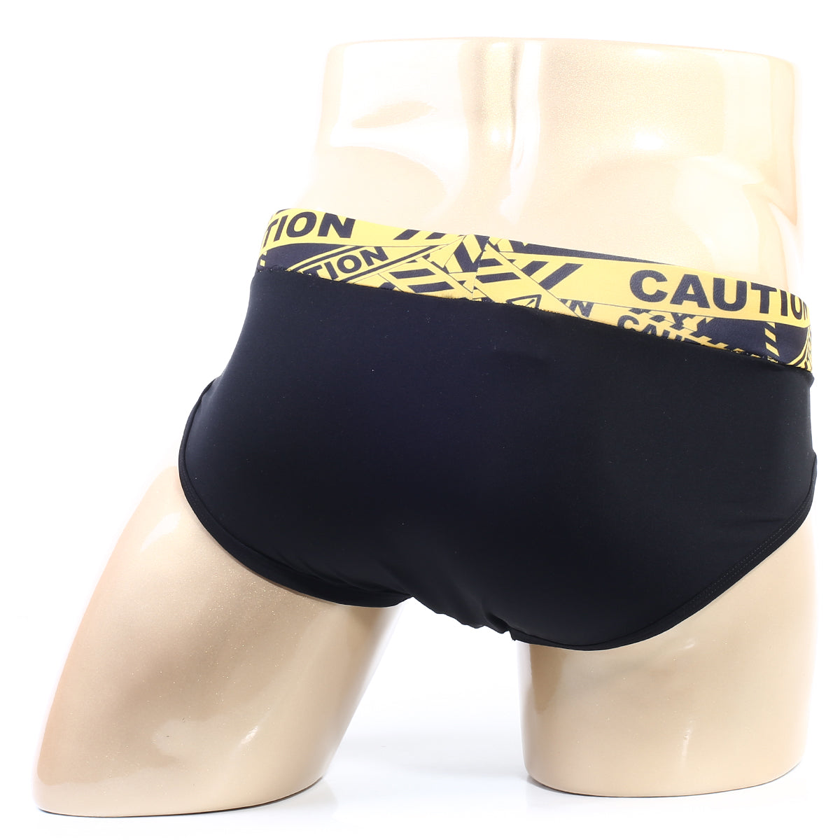 MetroMaleWear caution brief 5203-60 black swim trunks with bold yellow caution tape patterned waistband front view