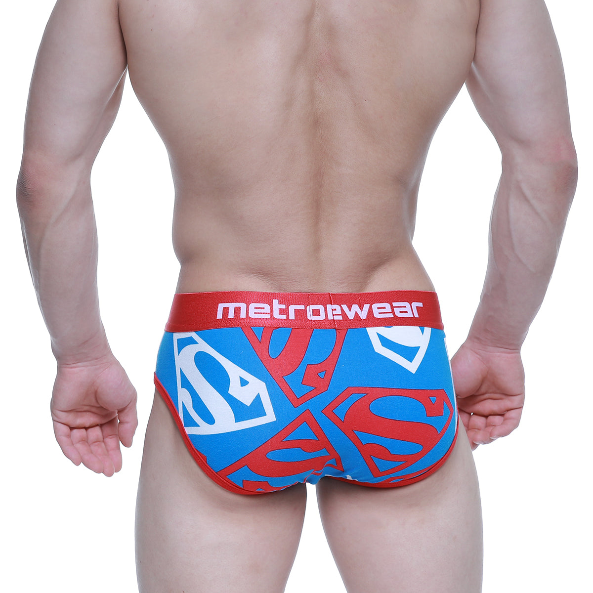 MetroMaleWear Sencillo brief featuring blue and red superman logo pattern with red waistband and metrowear branding