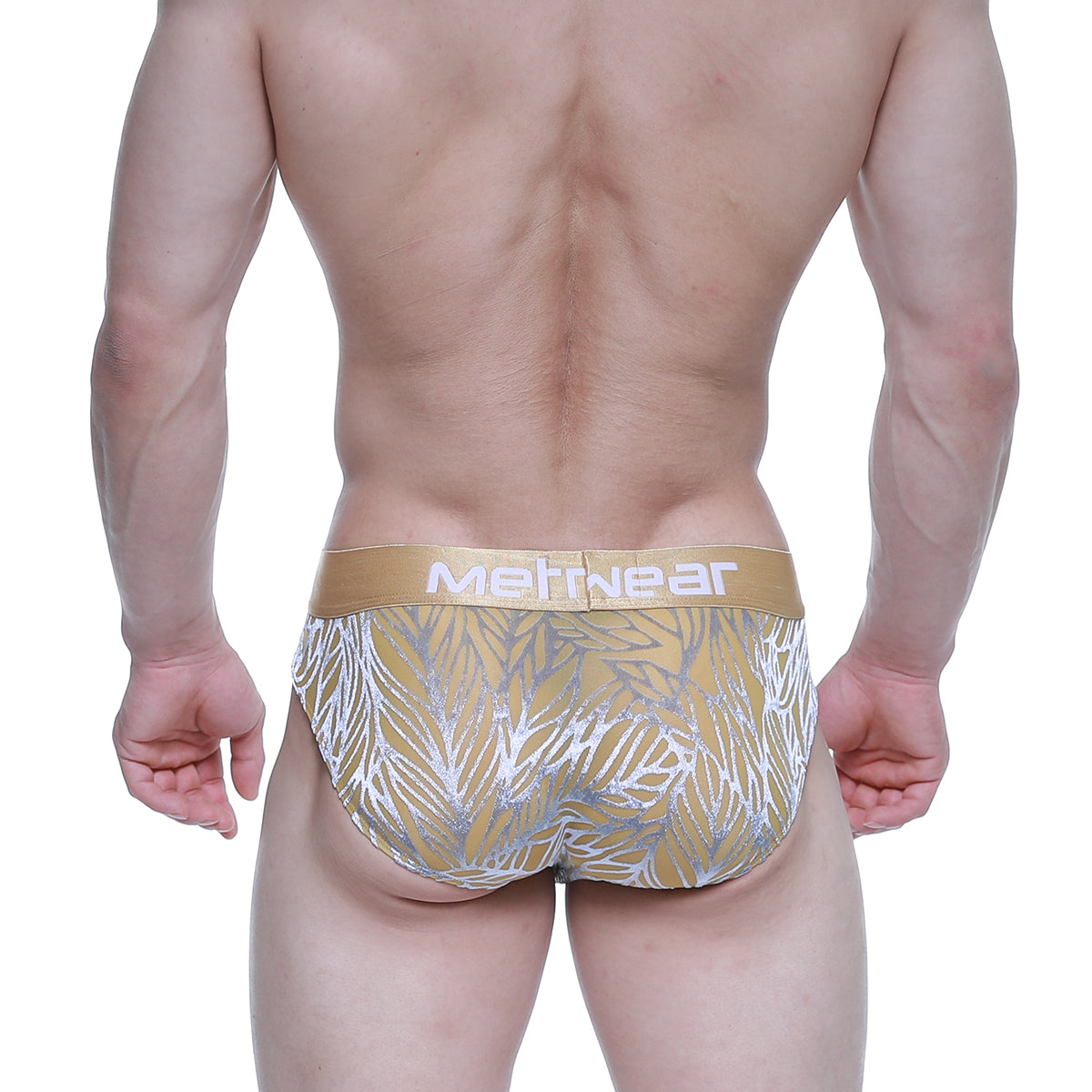 Gold and silver leaf patterned men’s briefs with a tan metwear waistband from metromalewear elegant brief gold 5203-62