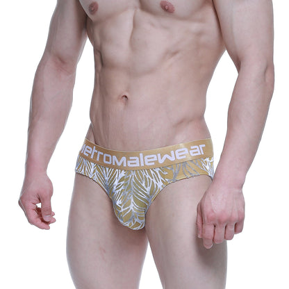MetroMaleWear elegant men’s briefs in gold and silver leaf pattern with branded waistband model 5203-62