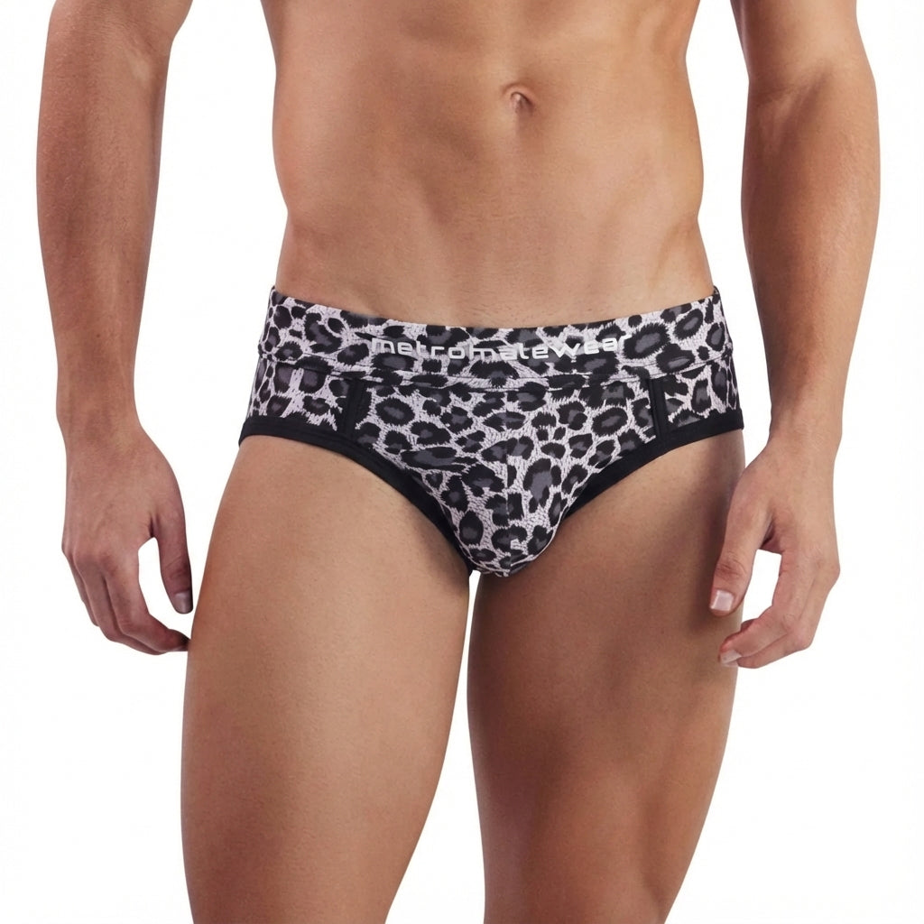Black and white leopard-print mens briefs with black trim from MetroMaleWear limited edition animal brief 5203-66