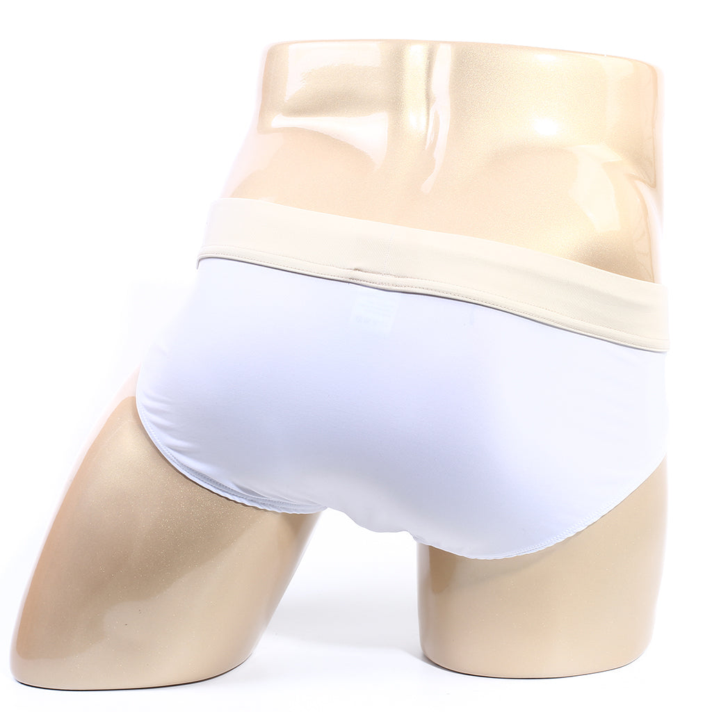 White briefs with beige elastic waistband on a mannequin from MetroMaleWear deportivo brief white 5203-F00 collection