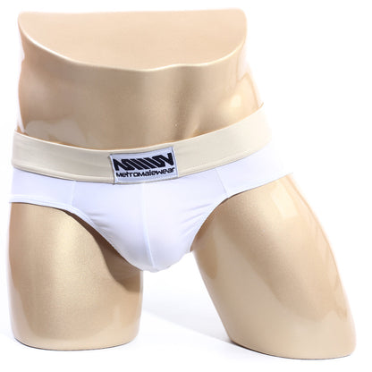 White metro malewear deportivo brief with beige elastic waistband featuring branded label for active wear use