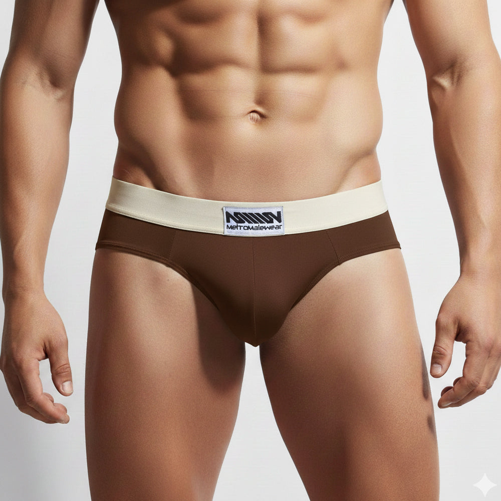 Metro malewear deportivo brief espresso 5203-f23 brown briefs with cream waistband featuring mettoms wear logo