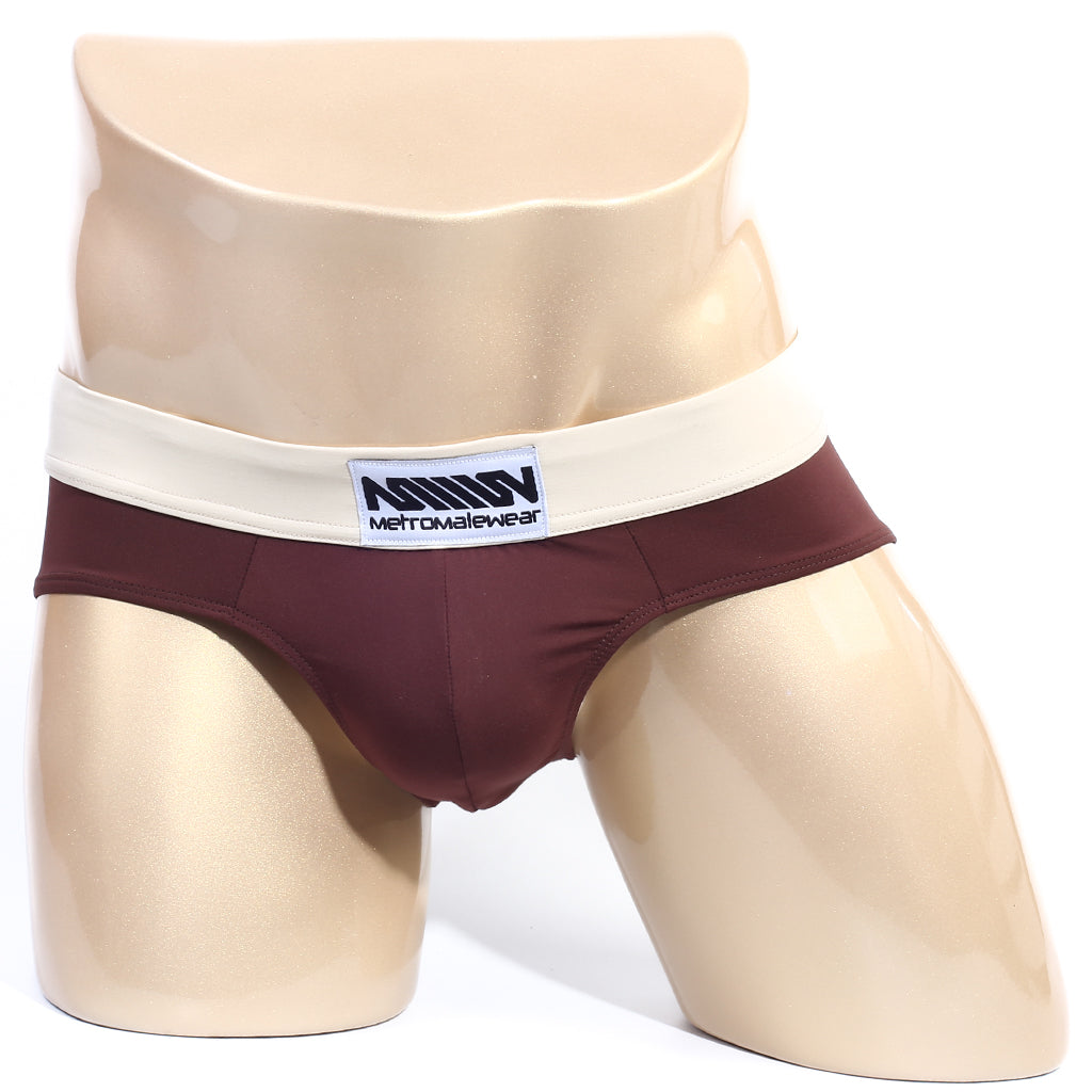Maroon metroMaleWear deportivo brief with cream waistband and brand label designed for active comfort