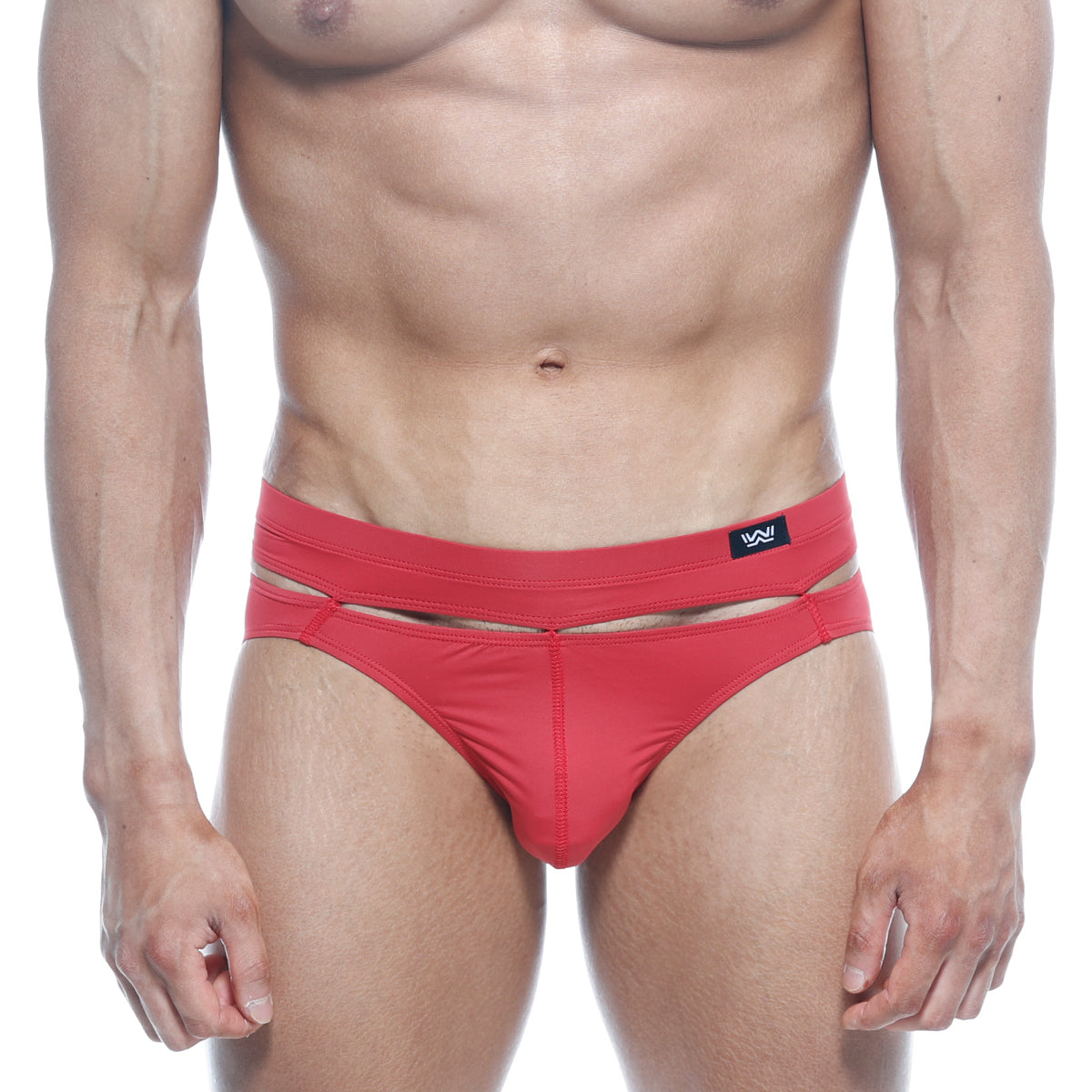 Red athletic briefs with bold modern cut and black metro malewear logo waistband for active use