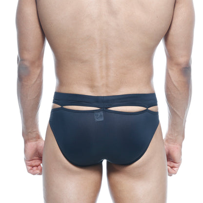 Navy blue mesh briefs with back cutout design from metroMalewear concepcion brief black 5213-20 shown from back side