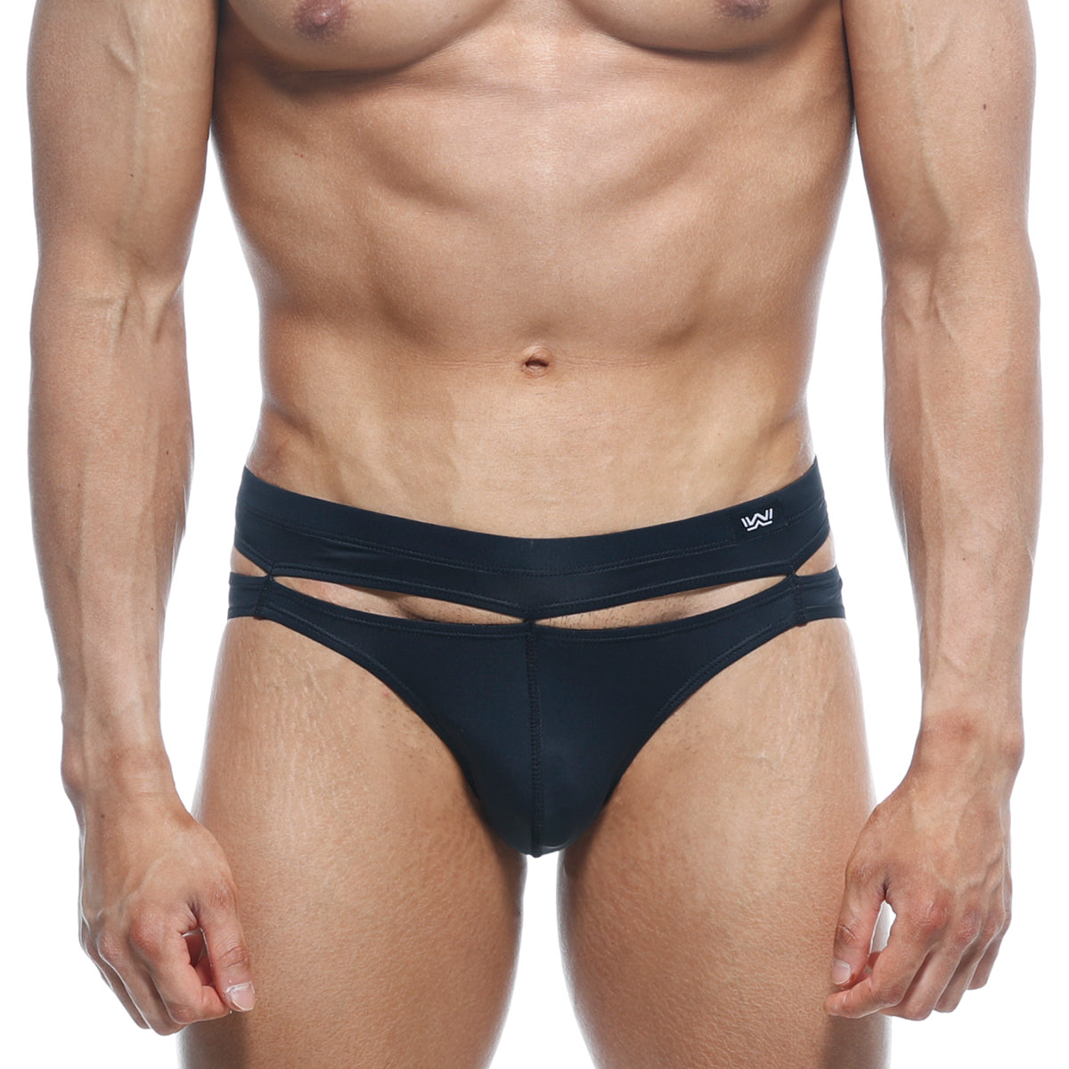 Black mens briefs metro-malewear concepcion brief black 5213-20 with modern horizontal cutouts and subtle white logo