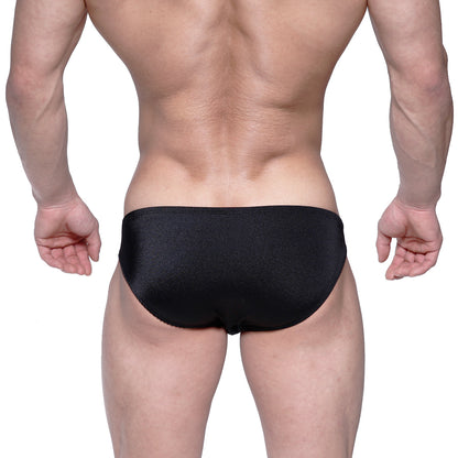 Black sleek swim trunks with subtle textured finish by MetroMaleWear Eureka Bikini model 5223-20
