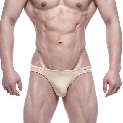 Beige form-fitting briefs with subtle sheen and small metro male wear brand tag on waistband metro male wear eureka bikini gold 5223-21