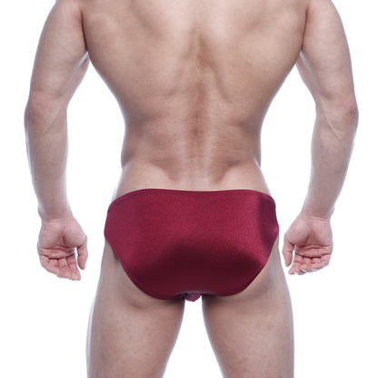 A sleek deep red satin brief with a smooth glossy finish from MetroMaleWear Eureka Bikini wine 5223-29