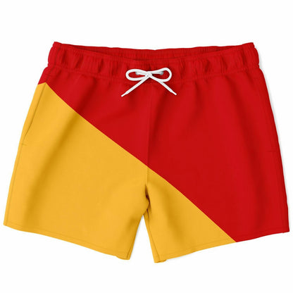 Red and yellow men's swim shorts by Maris Equi featuring a color-block design and elastic waistband with drawstring.