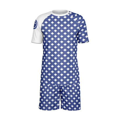 Men's blue top and shorts set with manta ray print made of lightweight fabric by Maris Equi.