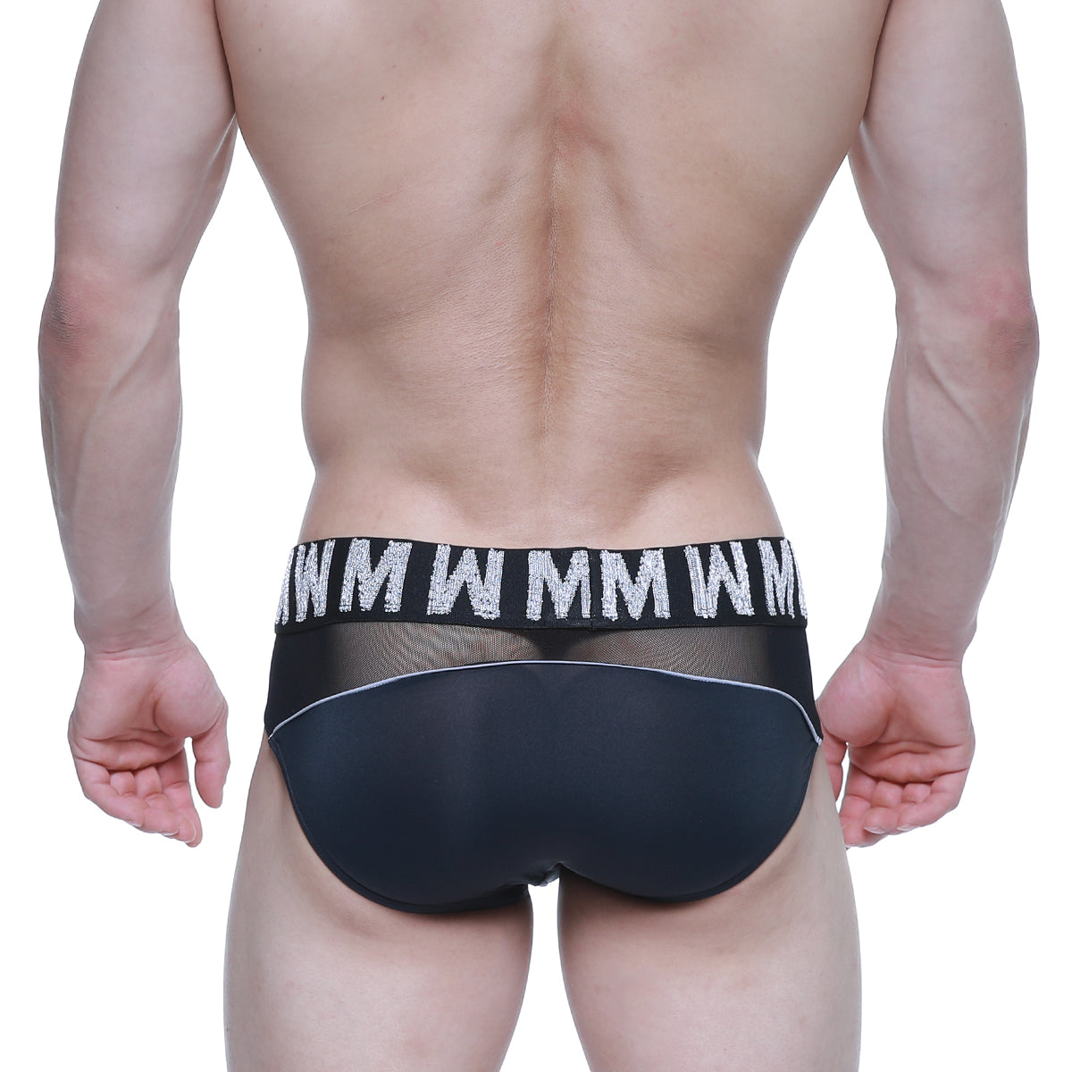 Black mesh briefs with bold white wmm logo waistband from metromalewear mw brief black 5403-20 collection