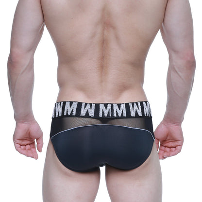 Black mesh briefs with bold white wmm logo waistband from metromalewear mw brief black 5403-20 collection