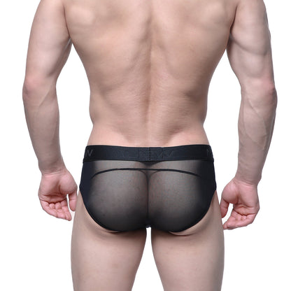 Black sheer mesh briefs with solid black elastic waistband featuring metroMalewear logo model MW Brief Tull 5403-71