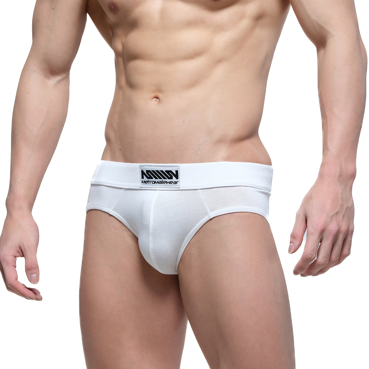 White MetroMaleWear Deseo brief with a black logo waistband designed for comfortable everyday wear