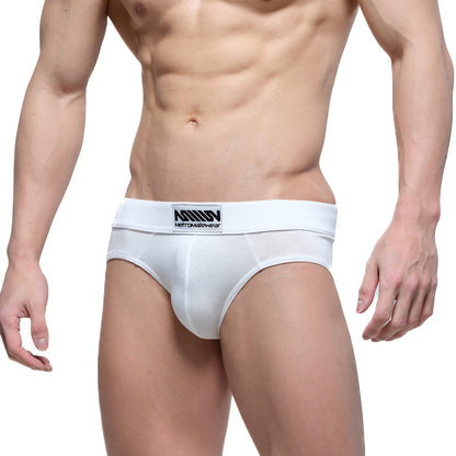 White MetroMaleWear Deseo brief with a black logo waistband designed for comfortable everyday wear
