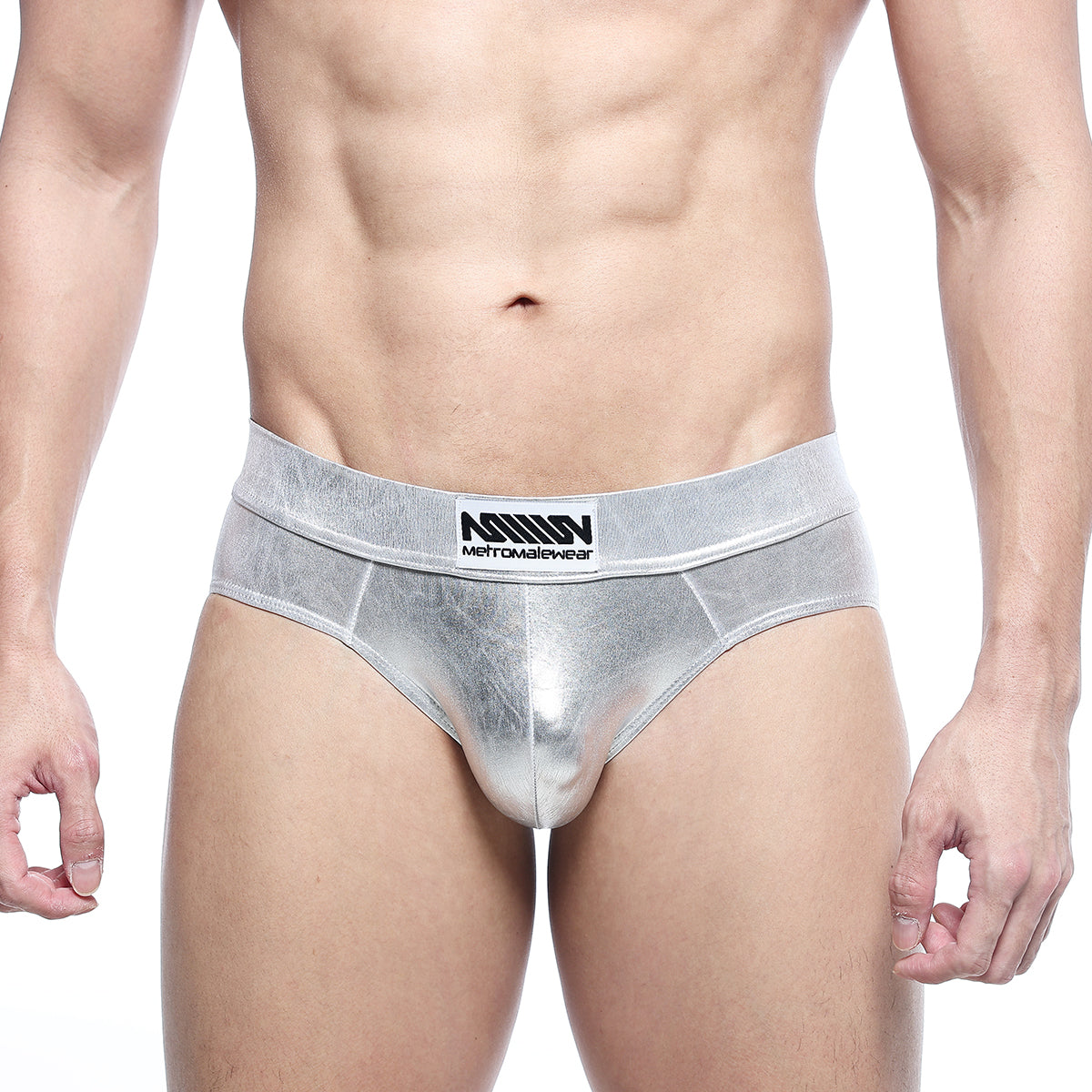 Silver metallic metroMalewear metal hip briefs 5503-01 with subtle sheen and branded waistband