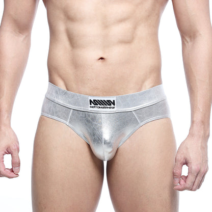 Silver metallic metroMalewear metal hip briefs 5503-01 with subtle sheen and branded waistband