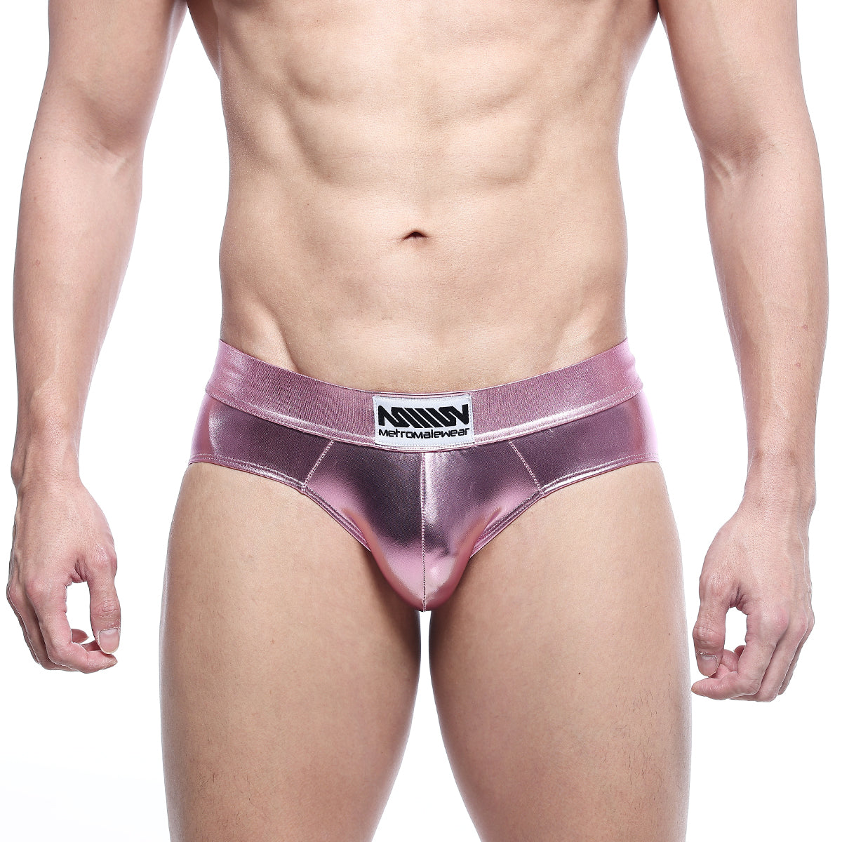 Shiny metallic pink MetroMaleWear metal hip briefs with branded waistband for stylish men’s underwear