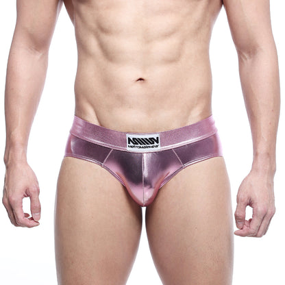 Shiny metallic pink MetroMaleWear metal hip briefs with branded waistband for stylish men’s underwear