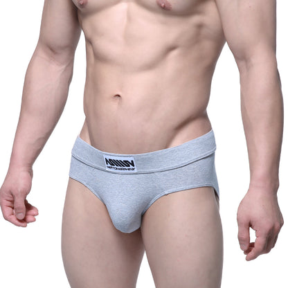 Gray heathered cotton briefs with a black and white branded waistband from MetroMaleWear Deseo Brief 5503-10