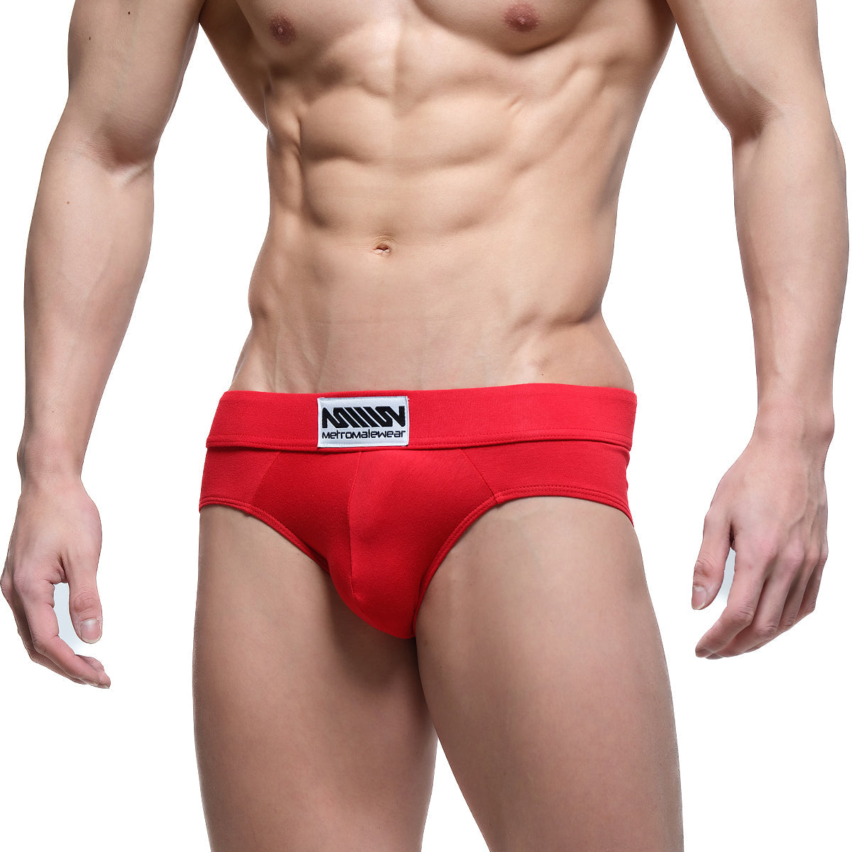 Red men’s briefs metroMaleWear Deseo brief 5503-12 with white and black logo on waistband for everyday comfort