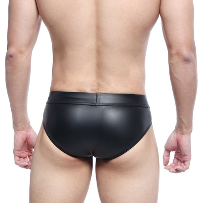 Metro male wear metal hip brief black 5503-20 faux leather swim trunks with sleek form fitting design front view