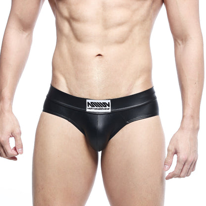 Black shiny faux leather briefs with metromalewear label metal hip brief black 5503-20